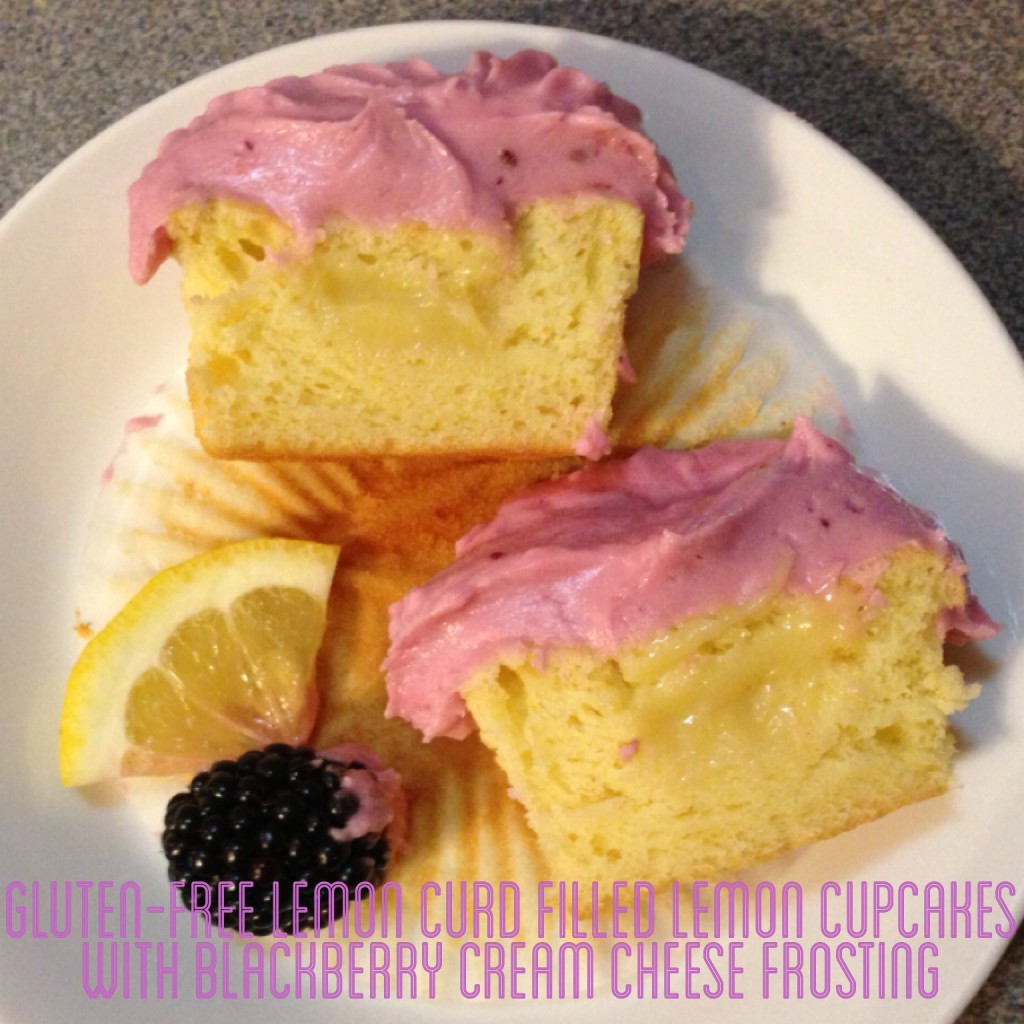 Gluten-Free Lemon Curd Filled Lemon Cupcakes with Blackberry Cream Cheese Frosting